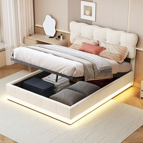 JYNVO Beiger Samt Stauraumbett 140x200 cm mit LEDLichtstreifen, Polsterbett mit hydraulischer Stauraum, Doppelbett mit verstecktem Stauraum, Jugendbett mit regulierbarer Beleuchtung (140x200cm) von JYNVO