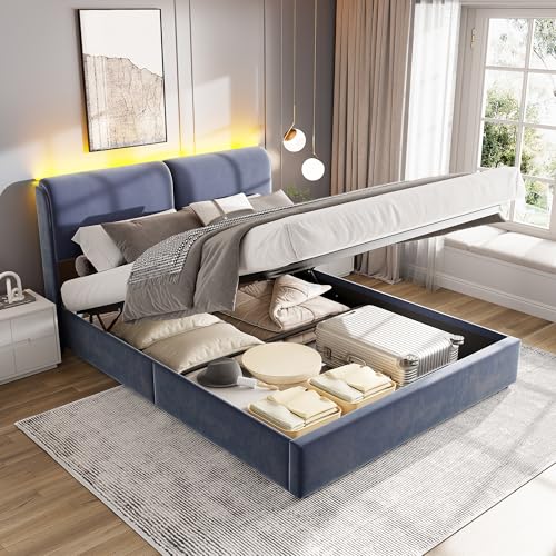 JYNVO Bett 140x200 cm aus grauem Samt, Polsterbett mit hydraulischer Verstellung, Kopfteil-Beleuchtung, modernes Doppelbett mit Lattenrost und Stauraum unter dem Bett, Ohne Matratze (140x200cm) von JYNVO