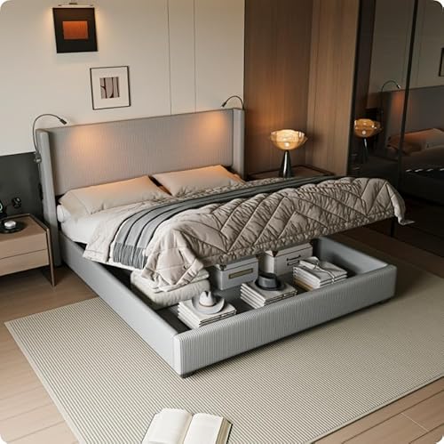 JYNVO Doppelbett 140x200 cm mit hydraulischem Stauraum, Polsterbett mit verstellbarem Leselicht und USB-Anschluss, Cordbett mit Stauraum, Weißes modernes Bett, Lattenrost, ohne Matratze von JYNVO