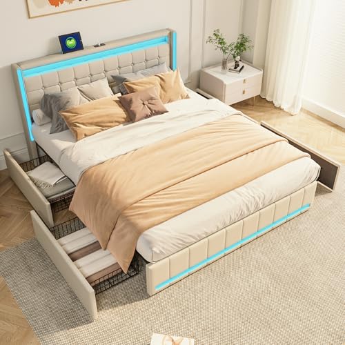 JYNVO Doppelbett 160x200 cm mit Beleuchtung, Gepolstertes Bett mit USB- und Typ-C-Ladeanschlüssen, Stauraumbett mit 4 Eisenschubladen, Beiges Leinenbett, Bett mit Holzlattenrost (160x200cm) von JYNVO