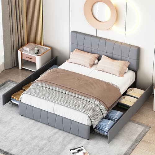 JYNVO Doppelbett 180x200 mit 4 Stauraum Schubladen, Polsterbett mit höhenverstellbarem Kopfteil, Stauraumbett mit Lattenrost und Metallrahmen, Modernes Jugendbett aus grauem Samt (180x200cm) von JYNVO
