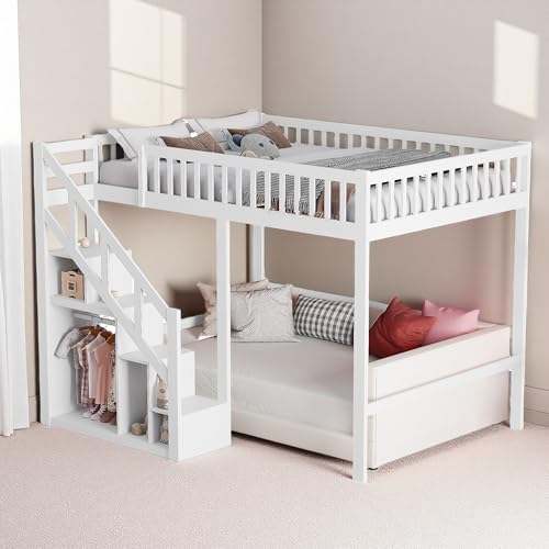 JYNVO Etagenbett 90x200 cm, Hochbett für Kinder mit Integrierter Stauraumleiter, Kinderhochbett mit Schutzgitter, Kinderbett aus Kiefernholz, Weiß, Ohne Matratze (90X200CM) von JYNVO