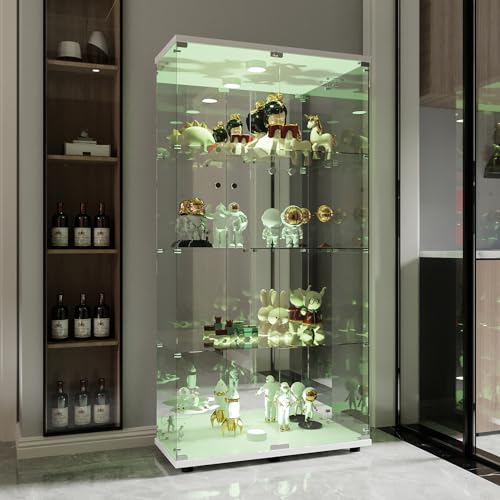 JYNVO Gehärtete Glasvitrine mit 4 Regalen und 2 Türen, Moderne Glasvitrine mit Beleuchtung, Glasvitrine Wohnzimmer Standvitrine weiß, Vitrine mit Glastüren, Glasvitrine Büro(Weiß, Mit Beleuchtung) von JYNVO