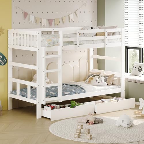 JYNVO Herausnehmbares Kinder-Etagenbett 90x200 cm, Weißes Etagenbett mit Stauraum-Schubladen und Treppe, Massivholz-Bauweise, Mit Absturzsicherung und Lattenrost, Ohne Matratze JYNVO Herausnehmbares Kinder-Etagenbett 90x200 cm, Weißes Etagenbett mit Stauraum-Schubladen und Treppe, Massivholz-Bauweise, Mit Absturzsicherung und Lattenrost, Ohne Matratze von JYNVO