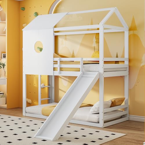 JYNVO Hochbett für Kinder 90x200 cm, Kinderbett Hausform mit Rutsche, Das Hausbett aus Kiefernholz Wird mit Leiter und Sicherheitsgeländer geliefert, Kinderbett Hochbett, Weiß JYNVO Hochbett für Kinder 90x200 cm, Kinderbett Hausform mit Rutsche, Das Hausbett aus Kiefernholz Wird mit Leiter und Sicherheitsgeländer geliefert, Kinderbett Hochbett, Weiß von JYNVO
