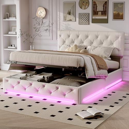 JYNVO Hydraulisches Stauraumbett 140x200 cm mit LED-Beleuchtung und verstellbarem Kopfteil, Cremeweißes Doppelbett aus Leinen, Mit Knöpfen Verziertes Polsterbett, Teenagerbett (140x200cm) von JYNVO