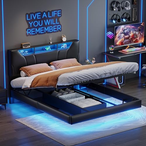 JYNVO Hydraulisches Stauraumbett 160x200 cm mit LED Beleuchtung, Schwarzes PU Polsterbett, Jugendbett mit verstellbarem Stauraum-Kopfteil und integrierten Steckdosen, Schwebendes Bett (160x200cm) von JYNVO