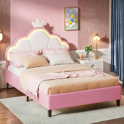 JYNVO Mädchenbett 90x200 cm mit LEDBeleuchtung, Kinder-Polsterbett mit höhenverstellbarem Kopfteil, Kinderbett mit rosa Wolkenkopfteil, Samtmaterial Mädchen Teenagerbett, Ohne Matratze (90x200cm) von JYNVO