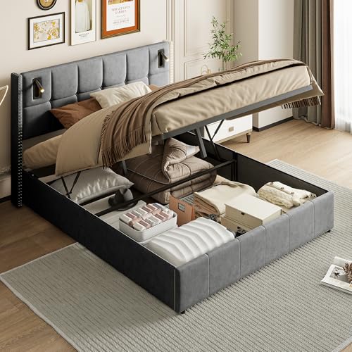 JYNVO Modernes 160x200 cm Doppelbett, Gepolstertes Bett mit Leselampe, USB- und Typ-C-Ladeanschlüssen, Grau Samtbett mit hydraulischem Stauraum, Lattenrost, Ohne Matratze (Grau, 160x200cm) von JYNVO