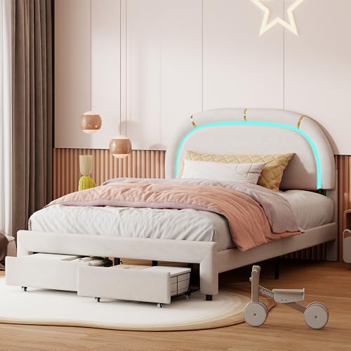 JYNVO Polsterbett 140x200 cm mit LEDBeleuchtung, Jugendbett mit verstellbarem Kopfteil, Stauraumbett mit 2 Schubladen am Fußende des Bettes, Beiges Samtbett, Lattenrost, Ohne Matratze von JYNVO