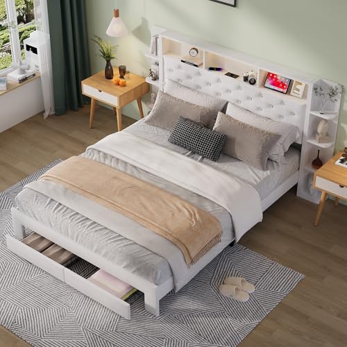 JYNVO Polsterbett 140x200 mit LED Beleuchtung, Stauraumbett mit Schubladen und USB-Ladeanschluss, Bettrahmen mit Kopfteilablage, Doppelbett, Jugendbett, weiß, Samt (140x200cm) von JYNVO
