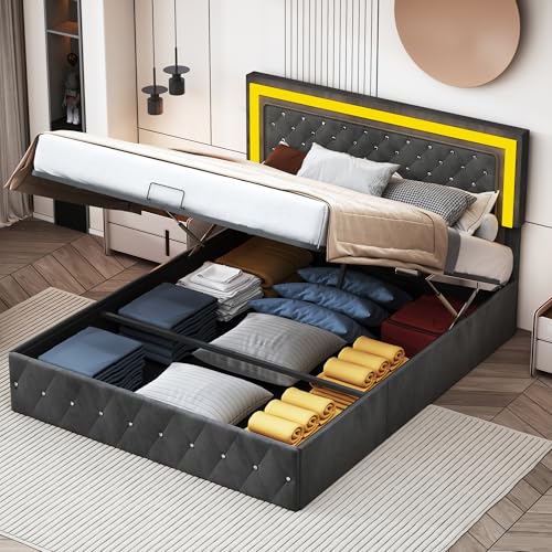 JYNVO Polsterbett 180x200 cm mit hydraulischer Aufbewahrung und LEDBeleuchtung, schwarzes samt Bett, Modernes Stauraumbett, Doppelbett, Teenagerbett, Lattenrost, Ohne Matratze (180x200cm) von JYNVO
