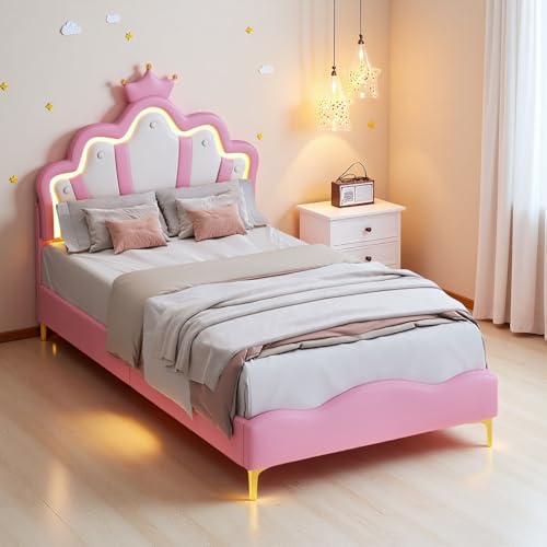 JYNVO Prinzessinnenbett 90x200cm mit LED-Lichtleisten, Kinderbett mit Kronenform, Gepolstertes Kinderbett aus PU-Leder, LED Bett für Mädchenzimmer, Rosa Prinzessinnenbett (Rosa, 90x200cm) von JYNVO