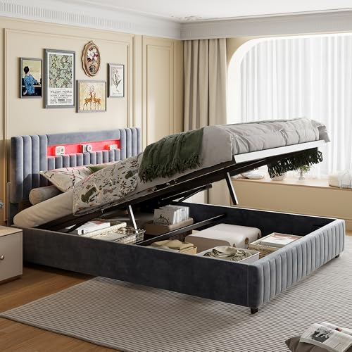JYNVO Samt Polsterbett 160x200 cm mit Beleuchtung, Doppelbett mit Stauraum, Graues hydraulisches Stauraumbett, Jugendbett mit Lattenrost, Modernes Polsterbett für Schlafzimmer (160x200cm) von JYNVO