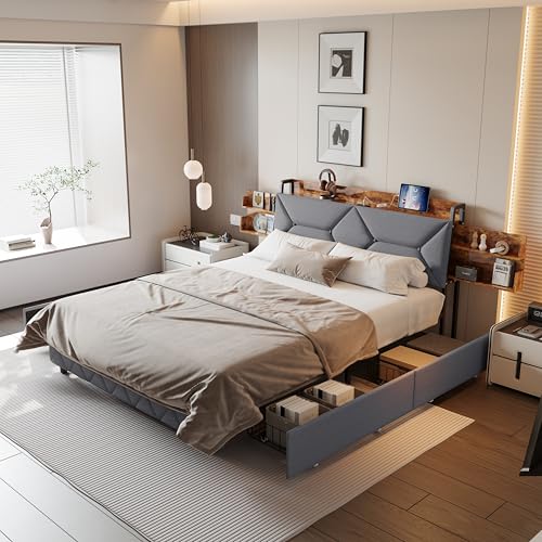 JYNVO Stauraumbett 140x200 cm, Polsterbett mit 4 Schubladen, Kopfteil mit ausziehbarem Stauraum, Ausgestattet mit USB- und Typ-C-Ladeanschlüssen, Doppelbett, Funktionsbett, grau (140x200cm) von JYNVO