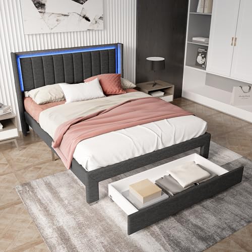 JYNVO Stauraumbett 180x200 cm mit Schubladen und LEDBeleuchtung, Gepolstertes Bett mit USB- und Typ-C-Ladeanschlüssen, Schlichtes Doppelbett aus dunkelgrauem Leinen, ohne Matratze (180x200cm) von JYNVO