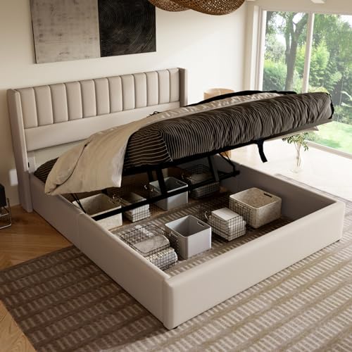 JYNVO Stauraumbett Doppelbett 160x200, Hydraulisch hochklappbares Bettgestell mit Lattenrost, Polsterbett mit Stauraum, Jugendbett, Leinen, Beige, Ohne Matratze von JYNVO