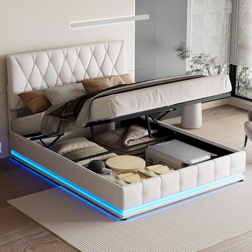 JYNVO Weißes Polsterbett 140x200 mit LED Beleuchtung und Lattenrost, Hydraulisches Doppelbett aus Twill-PU, Verstellbares Kopfteil, Knopfdekoration Staubett, Modernes Jugendbett (Twill-Dekoration) von JYNVO