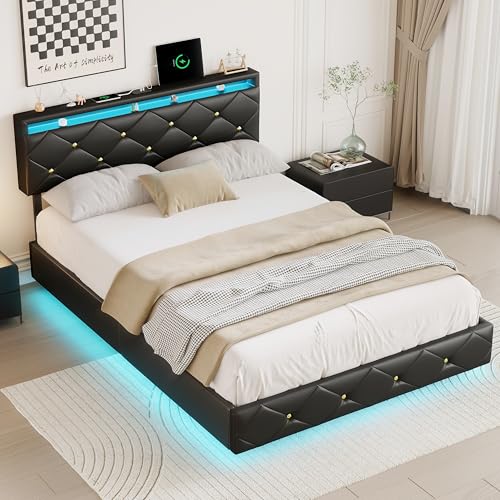 JYNVO schwebendes Bett 140x200 cm, Doppelbett mit LED-Beleuchtung und verstellbarem Kopfteil, Gepolstertes Bettkopfteil mit integrierter USB-Ladestation, PU-Leder, schwarz, Jugendbett JYNVO schwebendes Bett 140x200 cm, Doppelbett mit LED-Beleuchtung und verstellbarem Kopfteil, Gepolstertes Bettkopfteil mit integrierter USB-Ladestation, PU-Leder, schwarz, Jugendbett von JYNVO