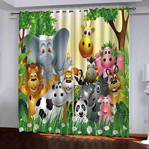 Vorhang Kinderzimmer Tiere Elefanten Löwen Kinder Vorhänge mit Ösen Polyester Gardinen Thermovorhang Blickdicht Ösenschal Kindergardinen für Wohnzimmer Schlafzimmer,2er Set,70x160cm (B x H),Farbe von JYNVOAT