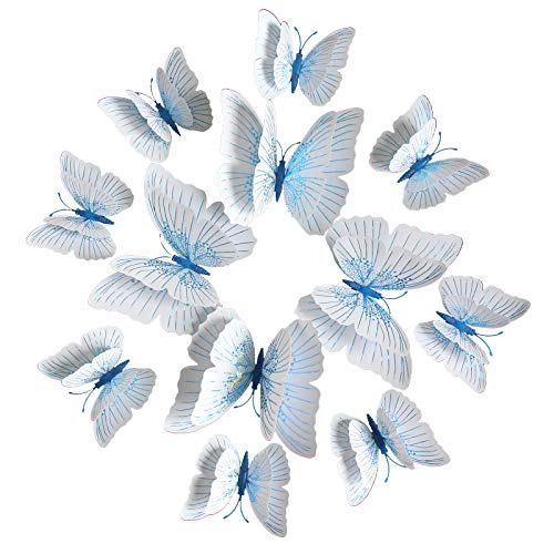 JYPHM 24 Stück 3D Schmetterlinge Deko Abnehmbare Dekoration Wandtattoo Butterfly Wandsticker Schmetterling Wandaufkleber Heimdeko Kinderzimmer Schlafzimmer Deko Blau und Weiß von JYPHM