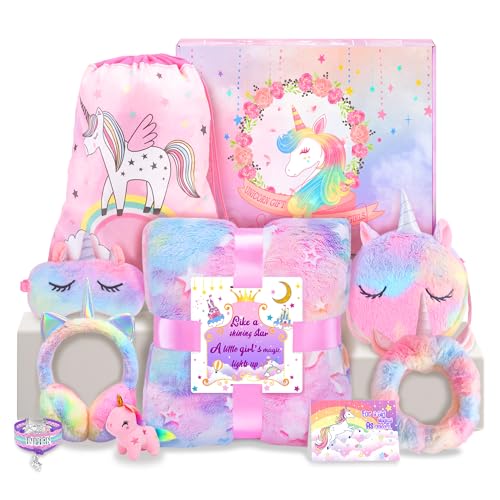 JYPS Einhorn Geschenke für Mädchen，4 5 6 7 8 9 10 11 12 Jahre，Kuscheldecke Kinder，Kuscheldecke Rosa Leuchtet im Dunkeln ， Stirnband， Schlafmaske， Geburtstagsgeschenk von JYPS