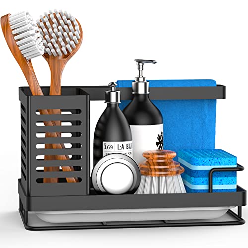 JYSDCXC Spülbecken Organizer mit Abflusspfanne,Küchenspüle Caddy Schwarz,Spülbecken Caddy für Schwämme/Bürsten/Seifen in Küche und Bad,Rutschfest,abnehmbar von JYSDCXC