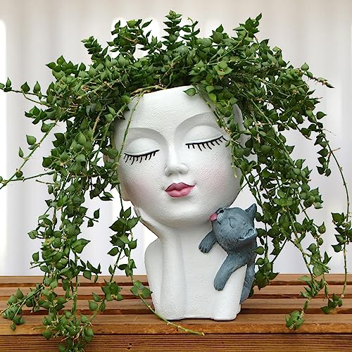 Gesichts-Pflanztöpfe mit Kopf, Übertopf, kleine Blumentöpfe für den Innenbereich, Blumentopf, Statue, Blumentöpfe für Frauen, Heimdekoration mit Drainage (17.8 cm, weiß) von JYTTI