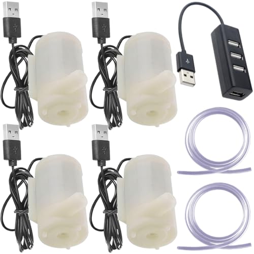 JYUDAUFU 4 Stück DC 3–5 V Mini-Wasserpumpe, Mikro-Tauchpumpe mit USB-Anschluss und flexiblem Wasserschlauch (1 m), für Aquarien/Fischtanks/Teichbrunnen/Hydrokulturgärten (4 weiß) von JYUDAUFU