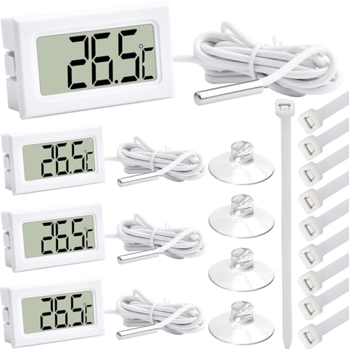 JYUDAUFU 4 Stück Mini Digital Hygrometer Thermometer mit wasserabweisender Sonde, Verlängerungskabel Aquarium-Thermometer, Celsius-Anzeige (℃) mit Saugnapf, Nylon-Kabelbinder von JYUDAUFU