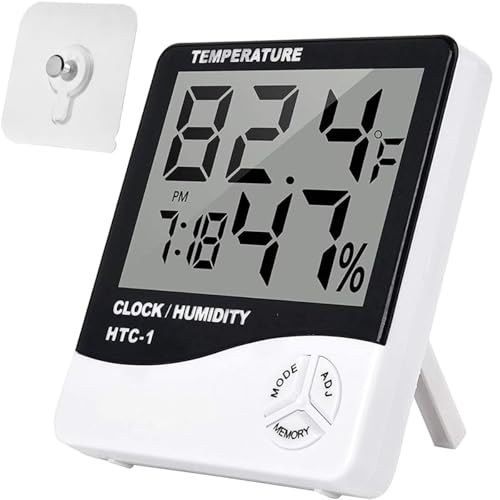 JYUDAUFU HTC-1 Digitales Thermometer Hygrometer mit Weckfunktion, LCD-Anzeige, Tischständer, Wandhalterung, Temperatur- und Luftfeuchtigkeitsmesser mit Klebehaken für Wohnzimmer, Lager, Büro, Garten von JYUDAUFU