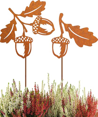 JYUECIAN Eichel Rost Gartenstecker Herbstdeko Outdoor Gartendeko Winterdeko für Draußen, Gesamthöhe 45 cm von JYUECIAN