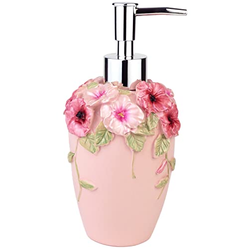 Blumen-Seifenspender mit luxuriösem Vintage-Dekor – Harz – bunt von Hand bemalt, Lotionspender für Badezimmer, Küche, Theke, Schönheitssalon, Hotel (10 oz/300 ml, rosa) von JYXR HOME&LIVING