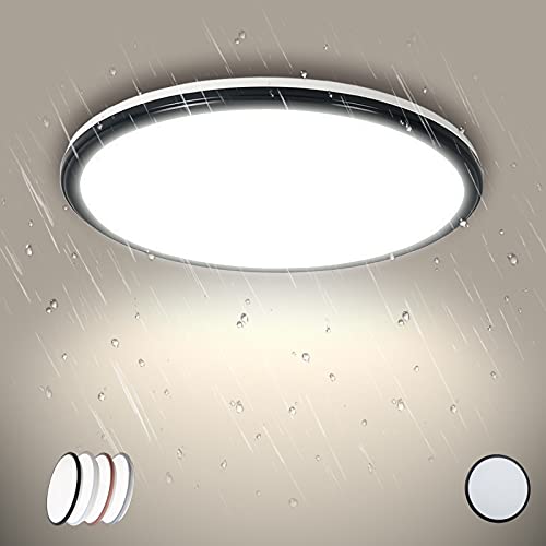 Badezimmer Lampe Decke LED Deckenleuchte Flach Kaltweiss 6500K IP44 Wasserdicht 30x30cm 24W Schwarz Deckenlampe Rund Deckenbeleuchtung Bad Beleuchtung Keller Lampe Außen Flur Licht Küche Leuchten von JZCDR