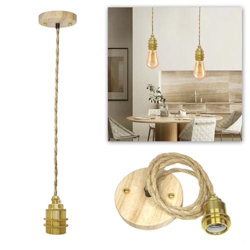 Holz Vintage E27 Lampenaufhängung, Retro Hanfseillampe Hängelampe mit 120CM Kabel Höhenverstellbar Pendelleuchte, DIY Hängeleuchte für Esstisch Küche Wohnzimmer Deckenbeleuchtung(Ohne Glühbirne) von JZCDR