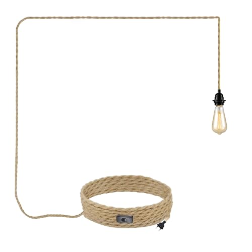 JZCDR 1-Flammig Hanfseil Lampe mit Secker 5m Vintage Hängeleuchte mit Stecker und Schalter E27 Schwarz Fassung mit Kabel DIY Pendellampe für Esszimmer Schlafzimmer, Ohne Glühbirne von JZCDR