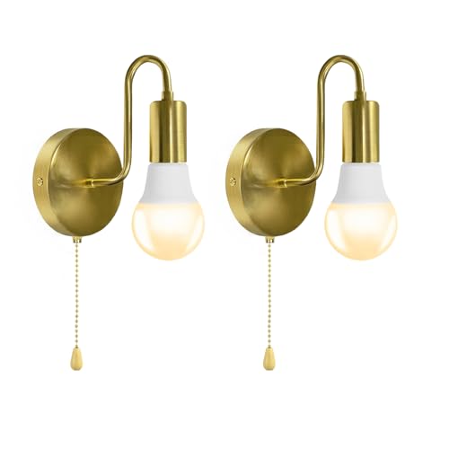 JZCDR 2 Stück Wandlampe mit Schalter E27 Wandleuchte Gold mit Zugschalter Innen Vintage Metall Lampe Wand für Küche Schlafzimmer von JZCDR