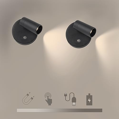 JZCDR Akku Wandleuchte Kabellos Dimmbare 2 Stück Magnetische Wandlampe Mit Touch Schalter, Aluminium & ABS Wandspot LED Dreh- Und Schwenkbar, USB Batterie Lampe Wand Innen für Schlafzimmer Warmweiß von JZCDR