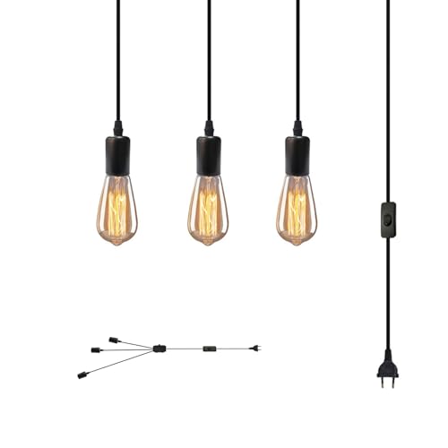 JZCDR Hängelampe mit Stecker und Schalter 3-Flammig Lampenfassung mit Kabel 3 M Hängeleuchte E27 Fassung Schwarz 3 Köpfe Kurz Pendellampe Kit DIY für Schlafzimmer Wohnzimmer Küche von JZCDR