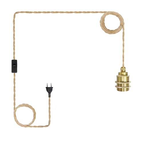 JZCDR Hanfseil Pendelleuchte Gold mit Secker, 5m Textilkabel mit E27 Fassung und Schalter, Vintage Lampe mit Hanfseil DIY Hängeleuchte für Esszimmer Schlafzimmer, Ohne Glühbirne von JZCDR