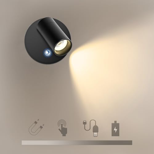 JZCDR Kabellos Wandleuchte Mit Touch Schalter Dimmbare, Aluminium Wandlampe Batterie USB-C Aufladbare, Drehbar Up Down Wandbleuchtung für Wohnzimmer Schlafzimmer Nachttischlampe Wandmontage, Schwarz von JZCDR