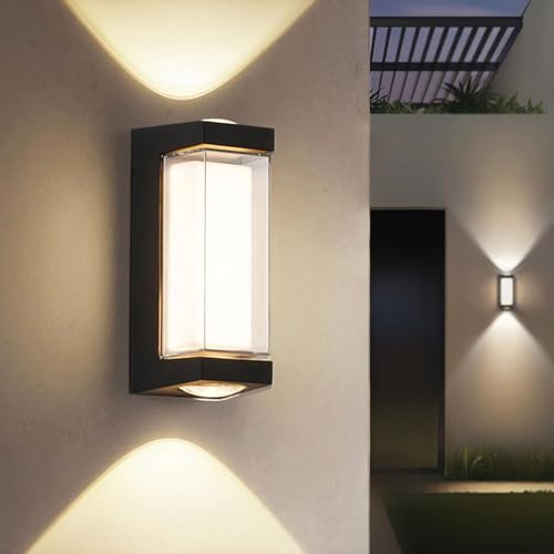 JZCDR LED Aussenlampe Hauswand Wandleuchte Aussen Terrasse 10W Up Down Aussenleuchte Wand Schwarz Wandlampe IP65 Wasserdicht Terassenlampe Aluminium Außenwandleuchten Balkon, Warmweiß 3000K von JZCDR