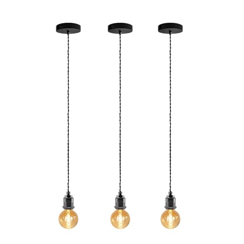 JZCDR Vintage Pendelleuchte Set 3 Stück, Perlschwarz E27 Fassung, 150cm Verstellbares Kabel, Schwarz Metall, Industriedesign für Küche JZCDR Vintage Pendelleuchte Set 3 Stück, Perlschwarz E27 Fassung, 150cm Verstellbares Kabel, Schwarz Metall, Industriedesign für Küche von JZCDR