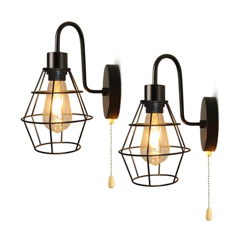 JZCDR Wandleuchte E27 Innen Vintage 2 Stück Wandlampe mit Schalter Retro Lampe aus Metall mit Zugschalter Industrial Wandspot Schwarz für Treppenhaus Flur Wohnzimmer (Glühbirne nicht enthalten) von JZCDR