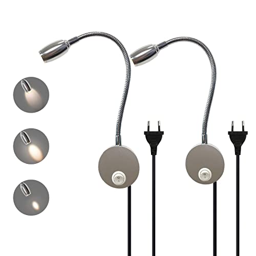 Leselampe Bett Wandmontage Einstellbarer Fokus Flexible Schwanenhals Wandleuchte LED Wand Leseleuchte mit Stecker und Schalter, 3W Bettleuchte aus Aluminium für Schlafzimmer, Bett, (Silber-2 pieces)… von JZCDR