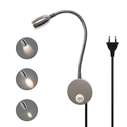 Leselampe Bett Wandmontage Einstellbarer Fokus Flexible Schwanenhals Wandleuchte LED Wand Leseleuchte mit Stecker und Schalter, 3W Bettleuchte aus Aluminium für Schlafzimmer, Bett, 3000K (Silber-) von JZCDR