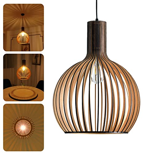 Wooden Pendant Light Boho Style, Vintage Handmade Rattan Pendant Lamp, E27 Retro Height Adjustable Dining Table Basket Hanging Lights, Living Room Hanging Lamp, for Restaurant Bar Cafe (Weiß,23×32CM) von JZCDR