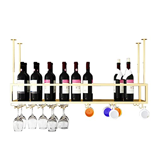 JZFOACHR Bareinheit Floating Regale Gold Iron Wine Rack Weinflaschenhalter Decke Hanges Metall Champagner Glas Goblet Stemware Racks Lagerregal für Restaurantküche (60x25x21cm) von JZFOACHR