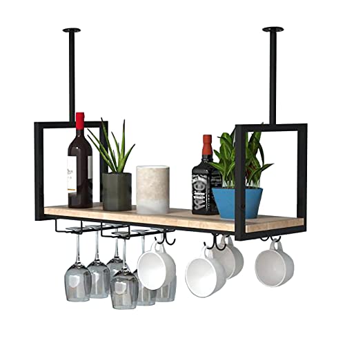 JZFOACHR Deckenhänge -Weinregal mit Glashalter und Regal, industrielle Vintage -Bar schwimmende Regal, Deckenmontage Hängende Weinflaschenhalter (schwarz 80x30x60 cm) von JZFOACHR