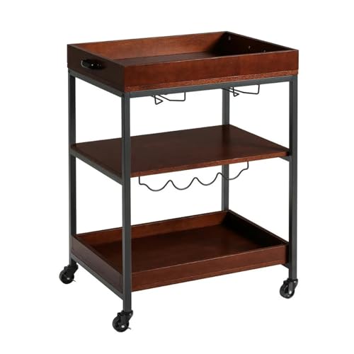 JZFOACHR Küchenspeicher 3 -Tier -Trolley -Karren, Kücheninsel -Barwagen mit Glashalter und Weinregal, Küchenmöbel Küchenorganisation (EIN Braun) (EIN Braun) von JZFOACHR